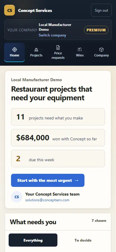 Phone view with Home, Projects, Price requests, Wins and Company all visible