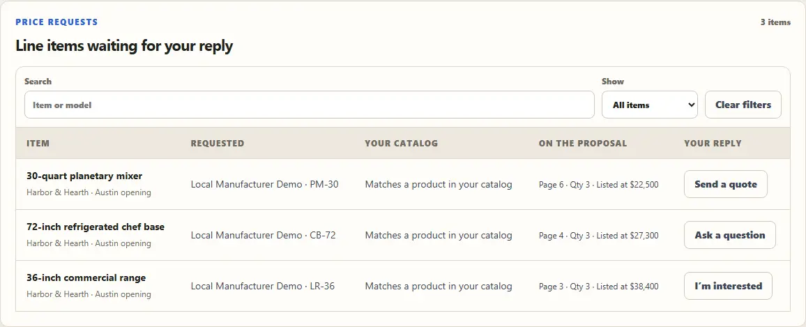 Price requests table with Item, Requested, Your catalog, On the proposal and Your reply columns